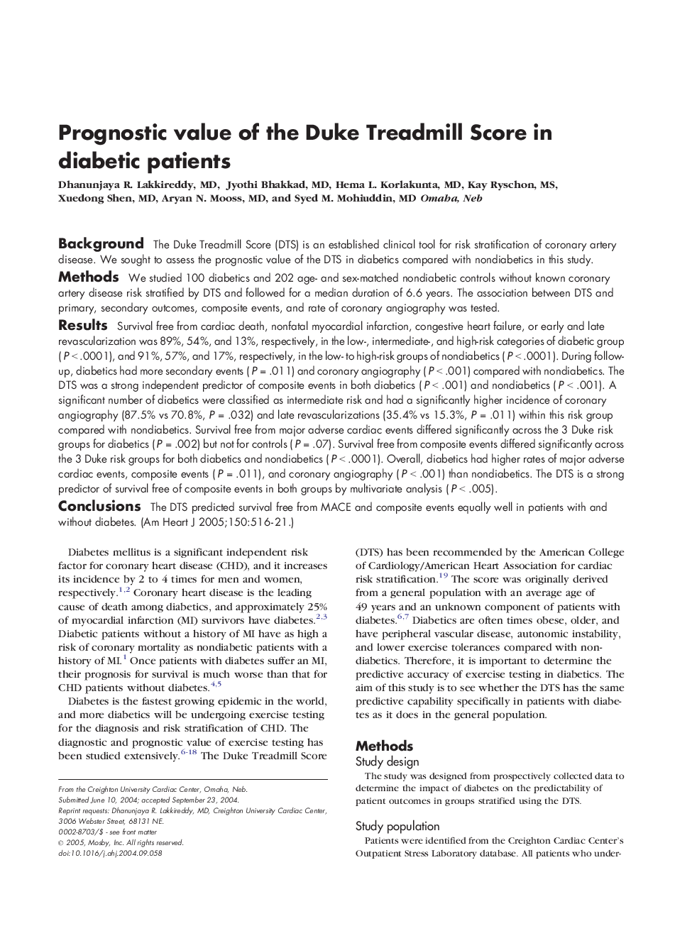 Prognostic value of the Duke Treadmill Score in diabetic patients