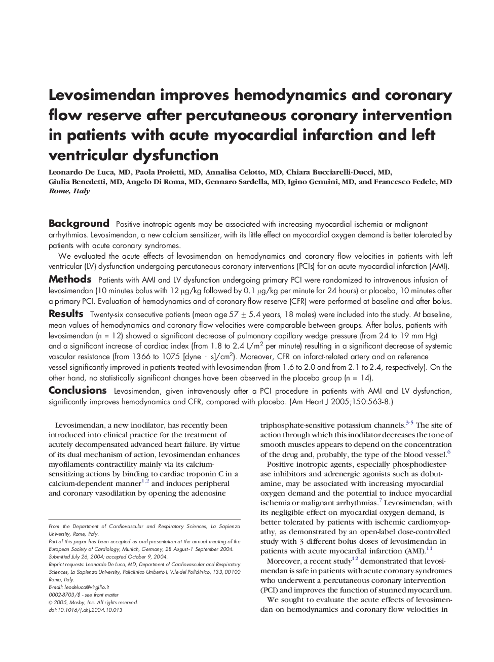 Levosimendan improves hemodynamics and coronary flow reserve after percutaneous coronary intervention in patients with acute myocardial infarction and left ventricular dysfunction