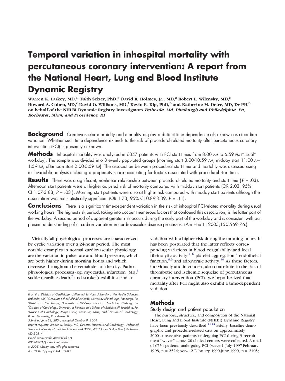 Temporal variation in inhospital mortality with percutaneous coronary intervention: A report from the National Heart, Lung and Blood Institute Dynamic Registry