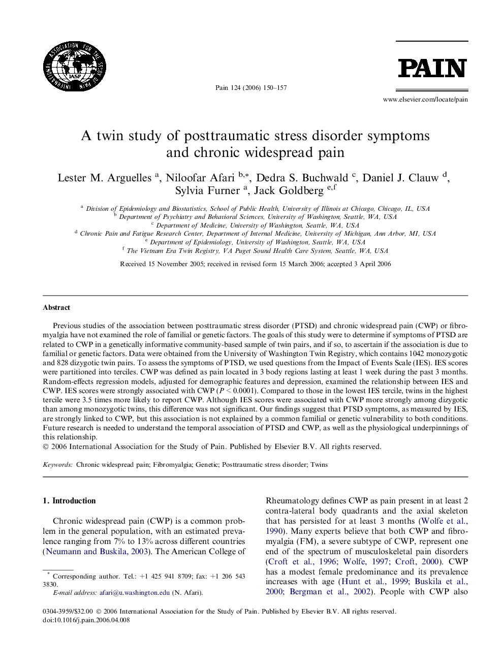 A twin study of posttraumatic stress disorder symptoms and chronic widespread pain