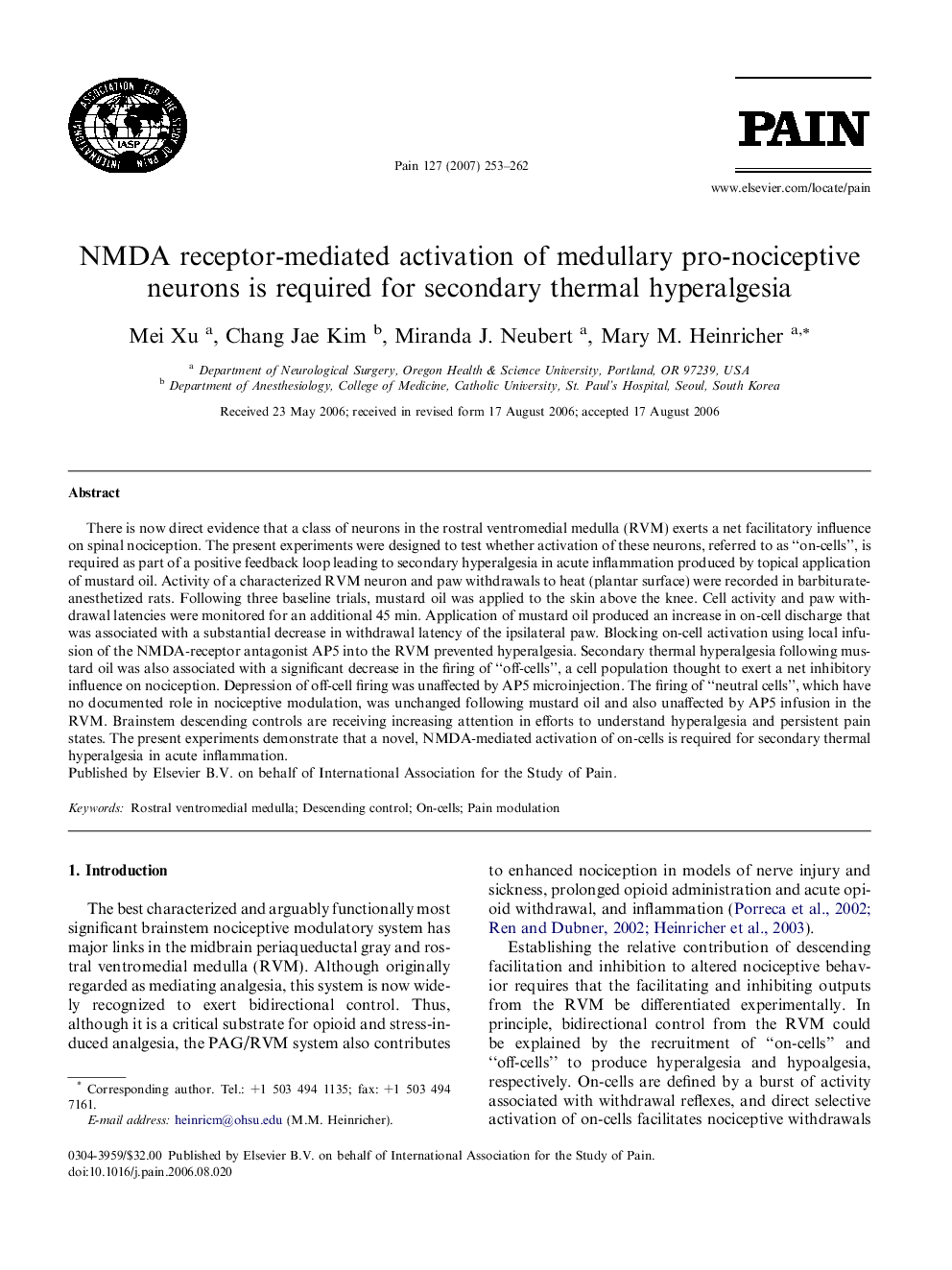 NMDA receptor-mediated activation of medullary pro-nociceptive neurons is required for secondary thermal hyperalgesia