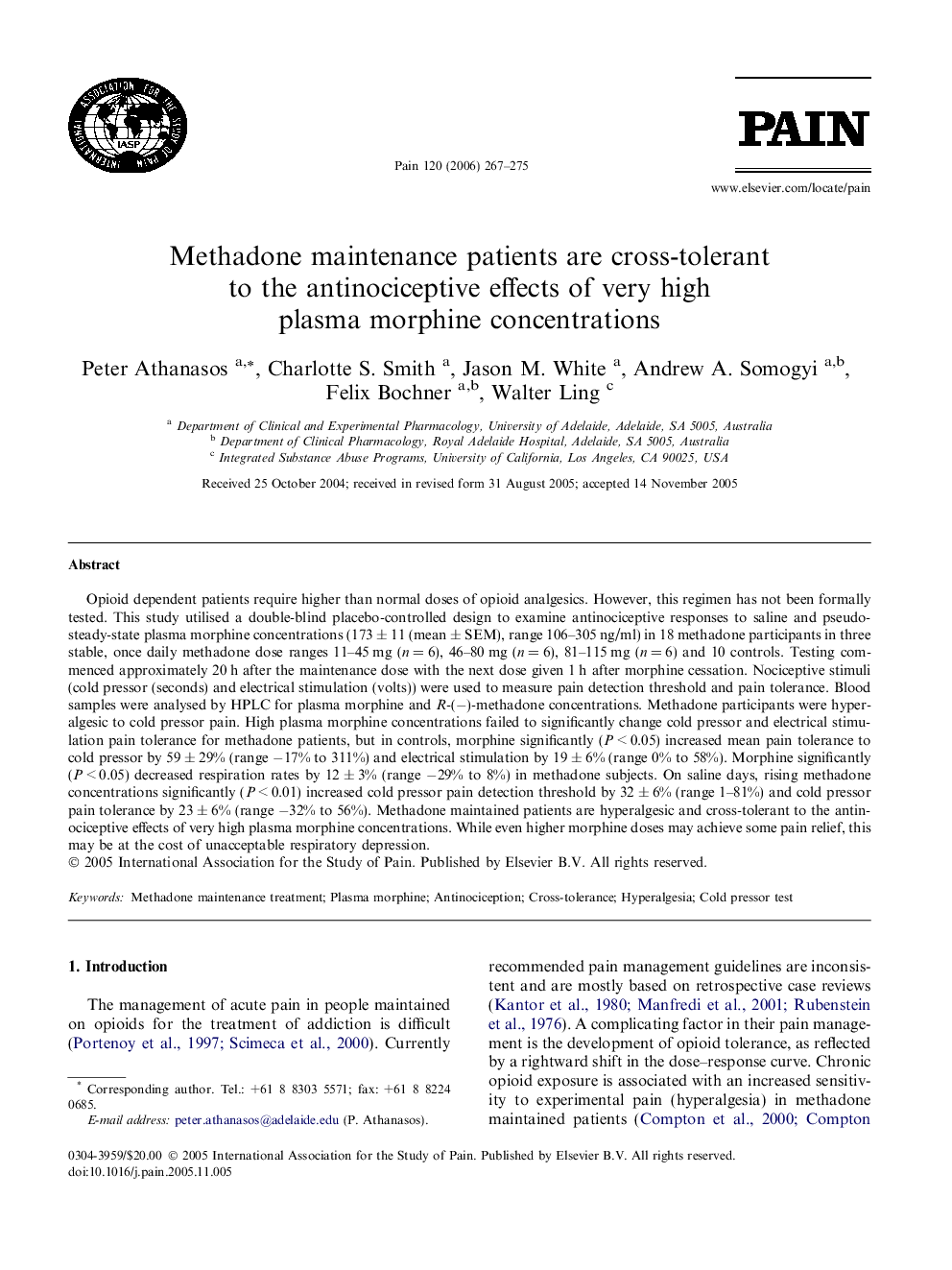 Methadone maintenance patients are cross-tolerant to the antinociceptive effects of very high plasma morphine concentrations