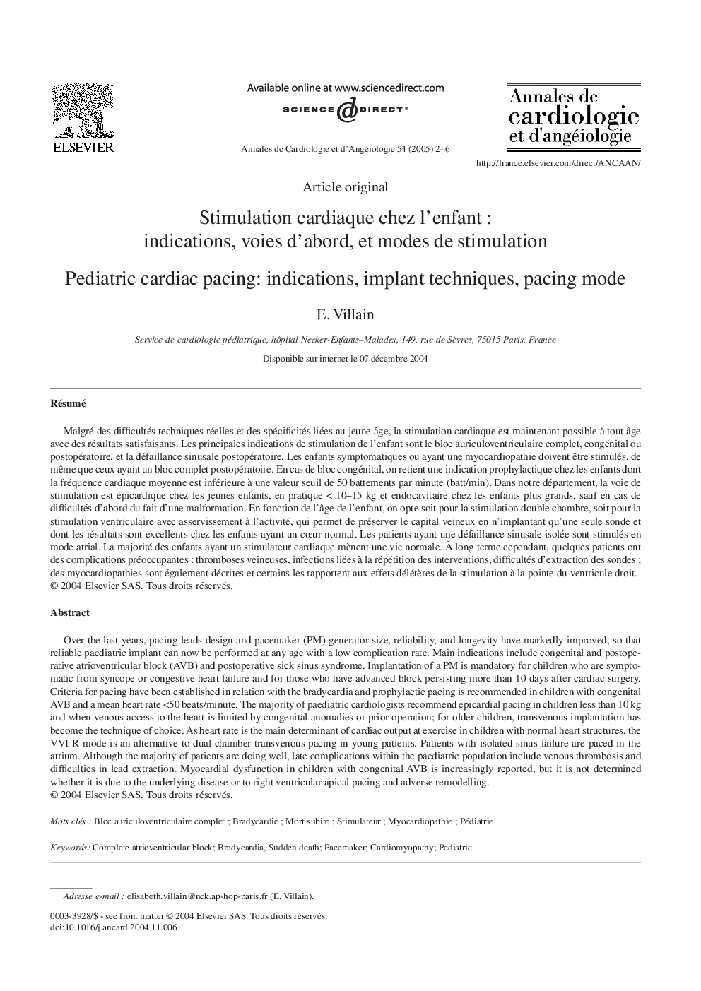 Stimulation cardiaque chez l'enfant : indications, voies d'abord, et modes de stimulation