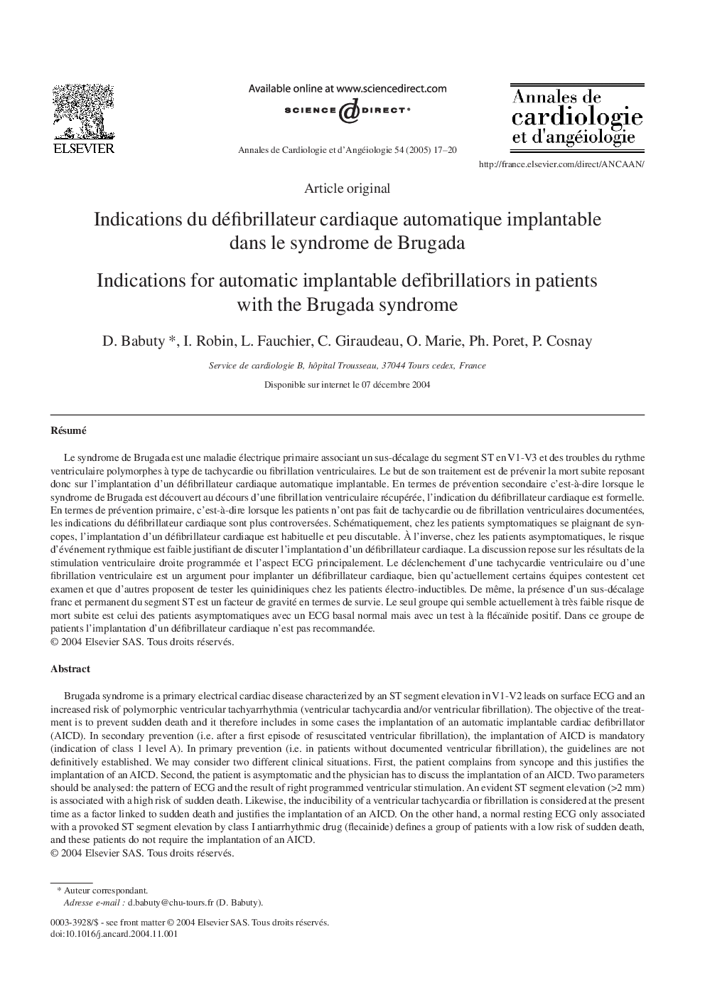 Indications du défibrillateur cardiaque automatique implantable dans le syndrome de Brugada