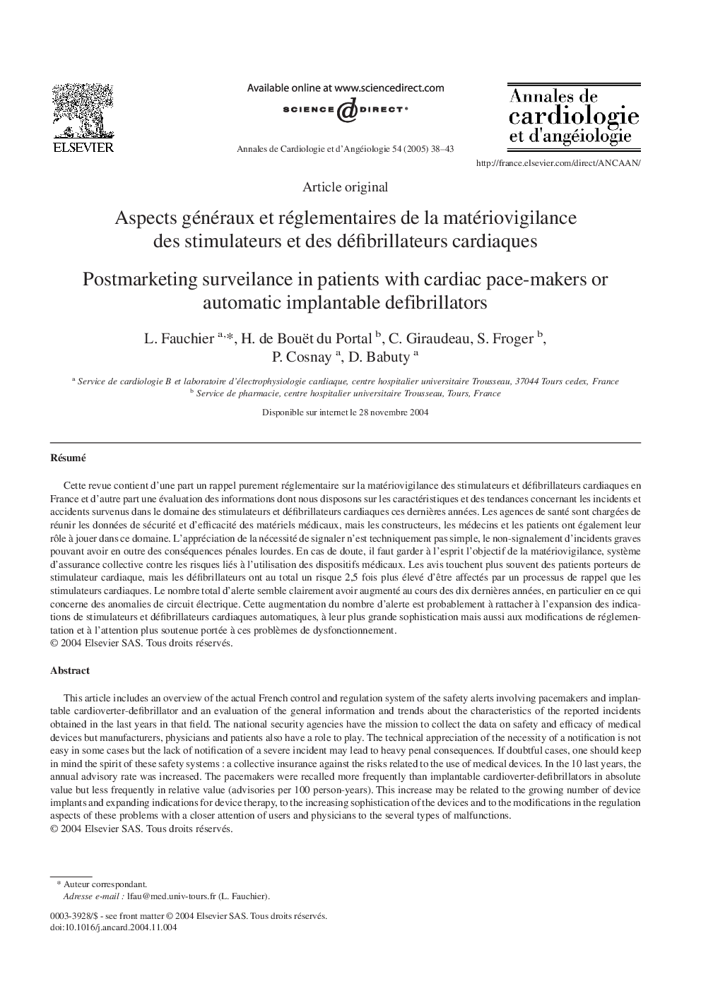 Aspects généraux et réglementaires de la matériovigilance des stimulateurs et des défibrillateurs cardiaques