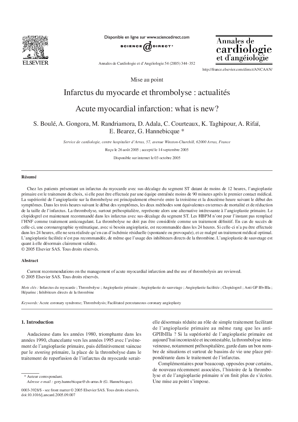 Infarctus du myocarde et thrombolyseÂ : actualités