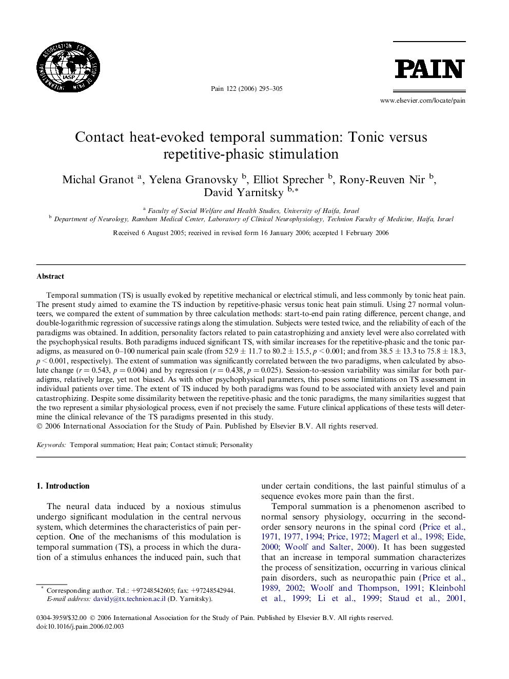 Contact heat-evoked temporal summation: Tonic versus repetitive-phasic stimulation