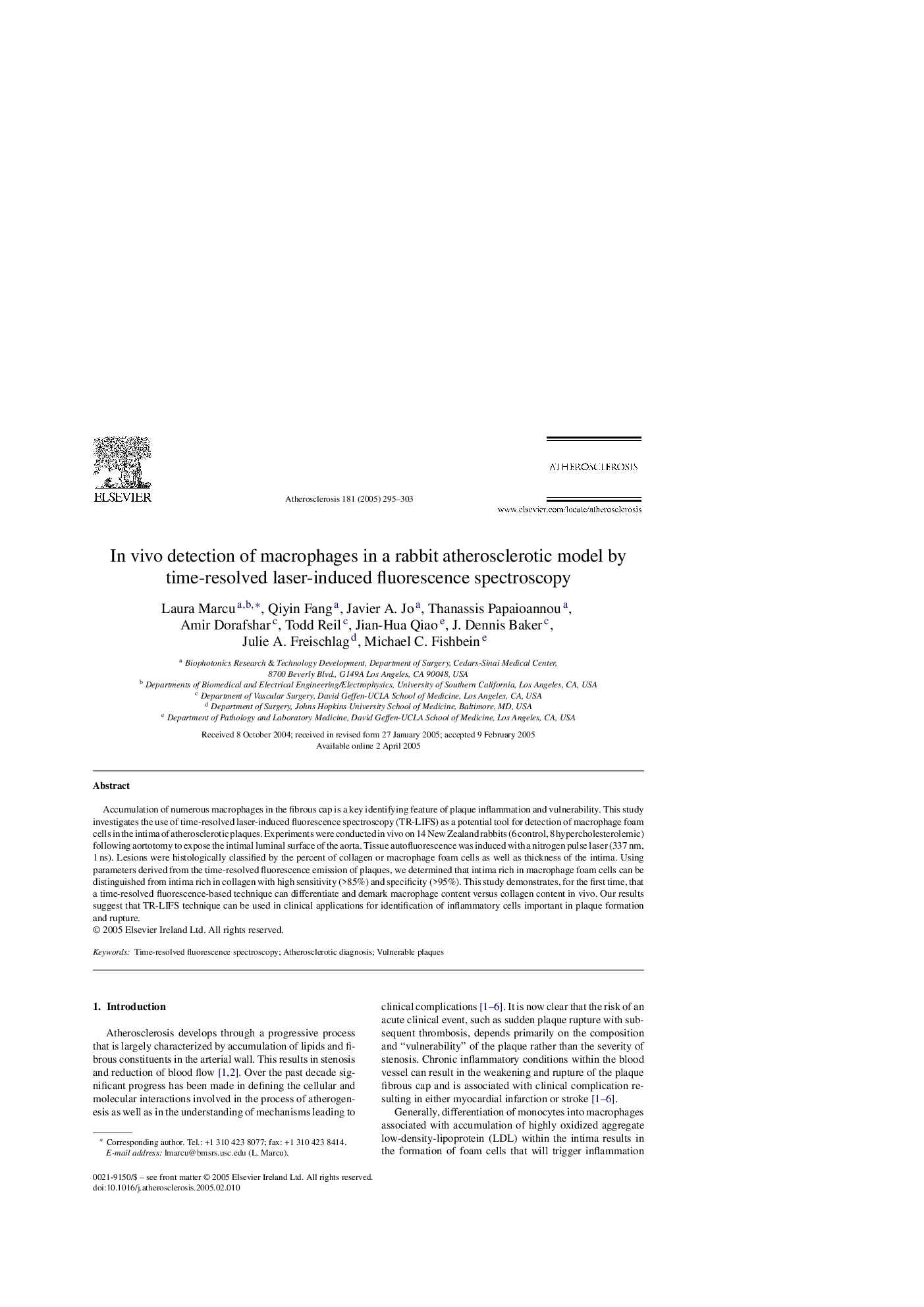 In vivo detection of macrophages in a rabbit atherosclerotic model by time-resolved laser-induced fluorescence spectroscopy