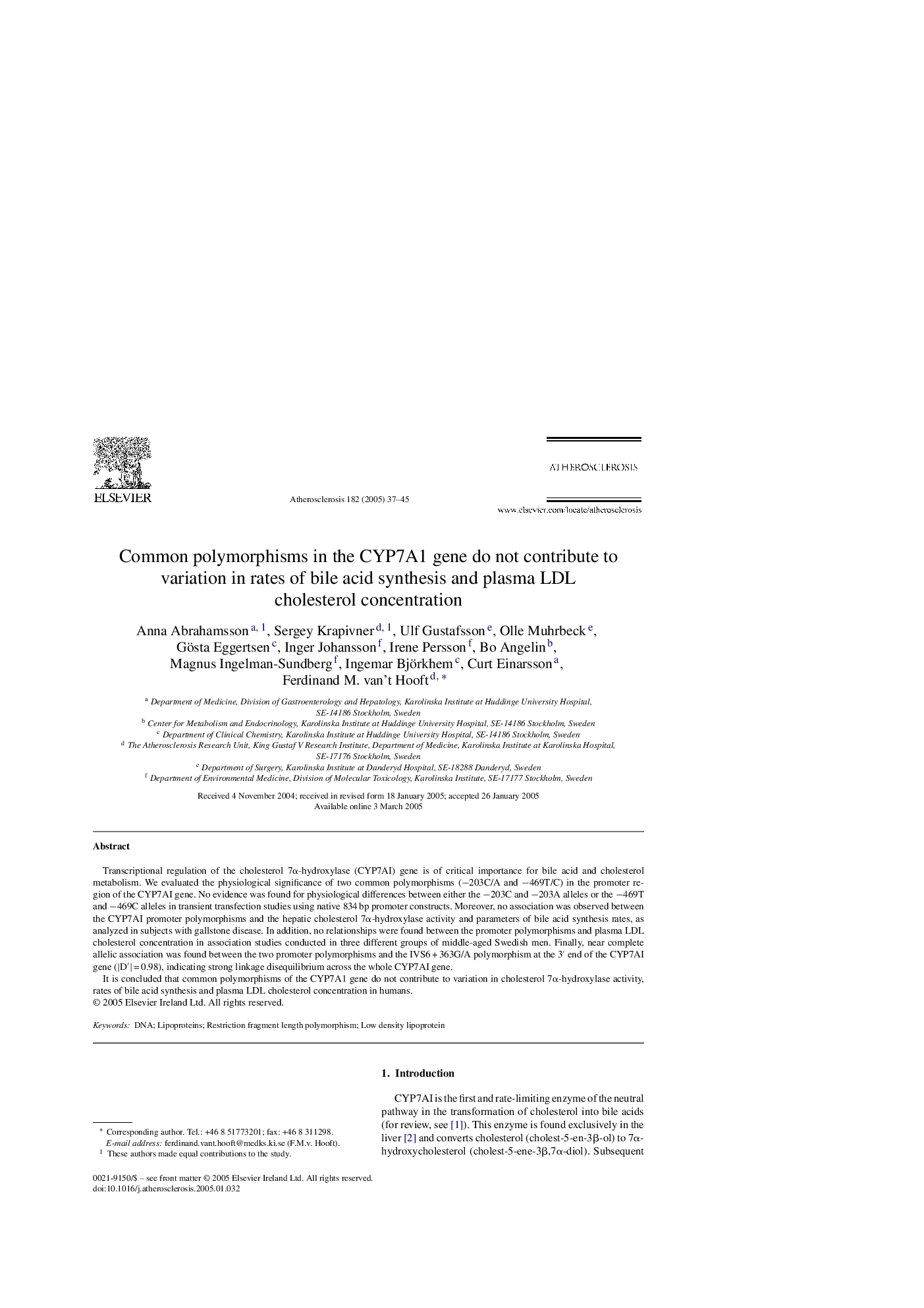 عکس صفحه اول مقاله: Common polymorphisms in the CYP7A1 gene do not contribute to variation in rates of bile acid synthesis and plasma LDL cholesterol concentration Common polymorphisms in the CYP7A1 gene do not contribute to variation in rates of bile acid synthesis and plasma LDL cholesterol concentration
