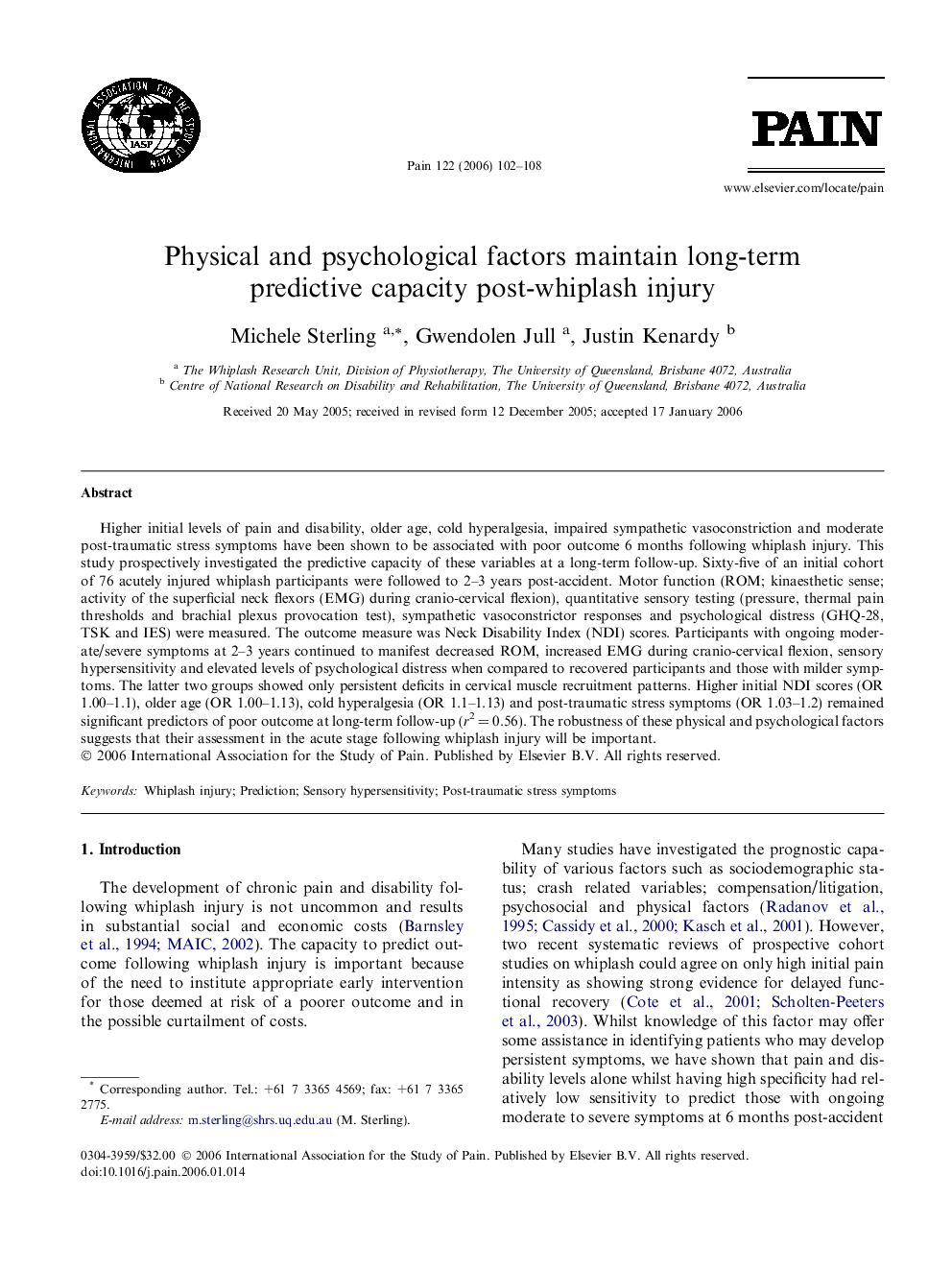 Physical and psychological factors maintain long-term predictive capacity post-whiplash injury