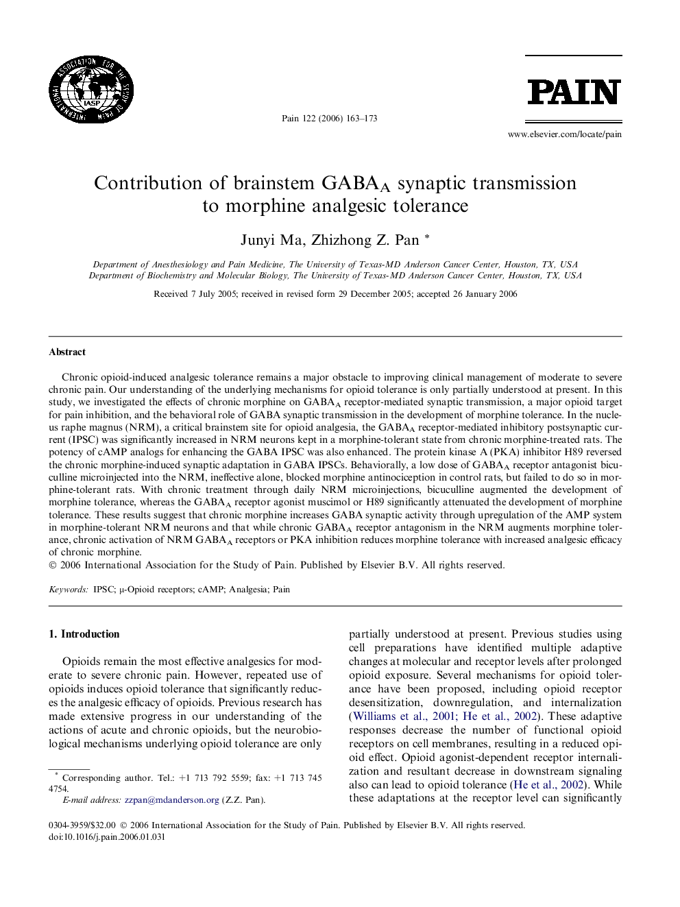 Contribution of brainstem GABAA synaptic transmission to morphine analgesic tolerance