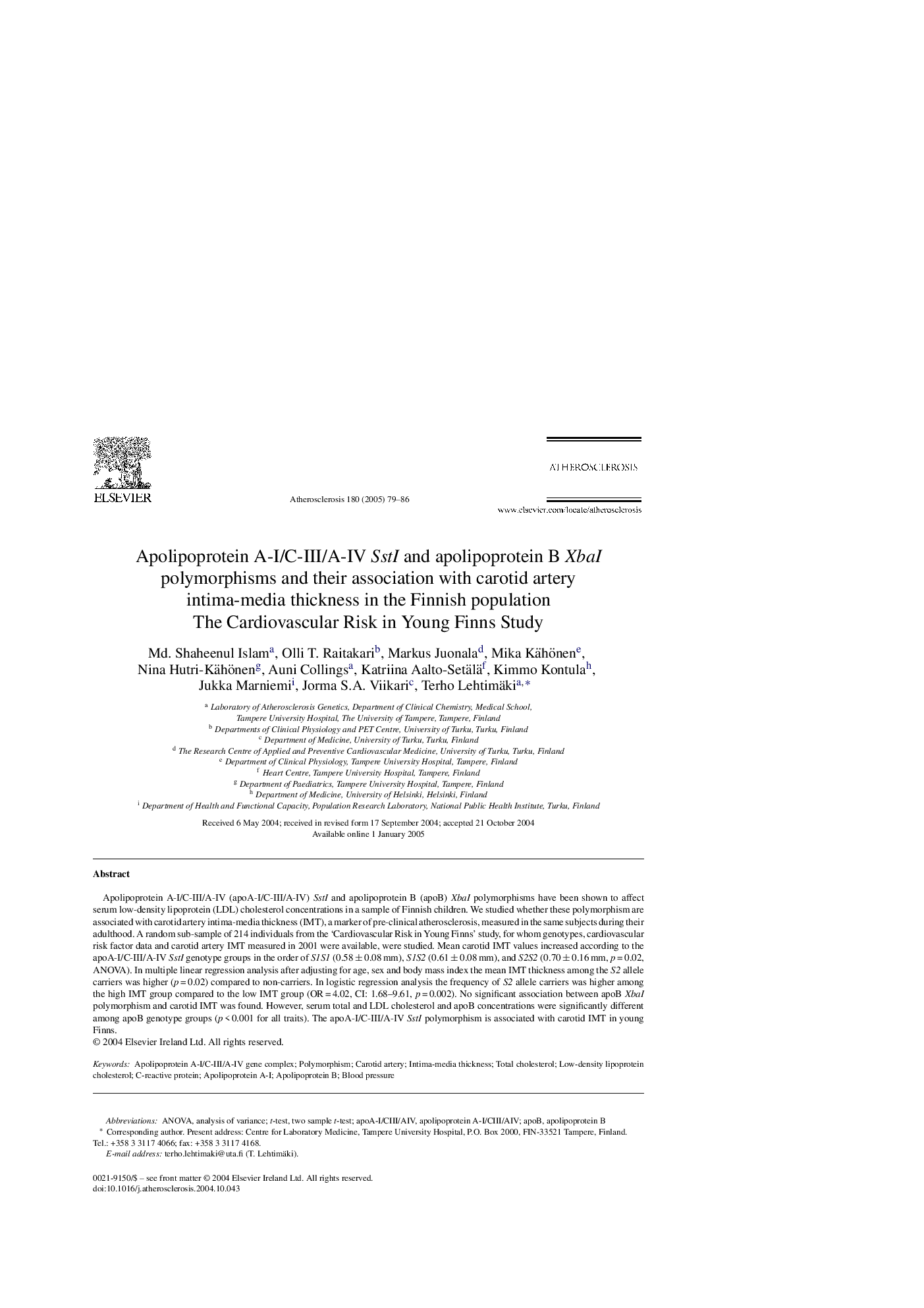 Apolipoprotein A-I/C-III/A-IV SstI and apolipoprotein B XbaI polymorphisms and their association with carotid artery intima-media thickness in the Finnish population