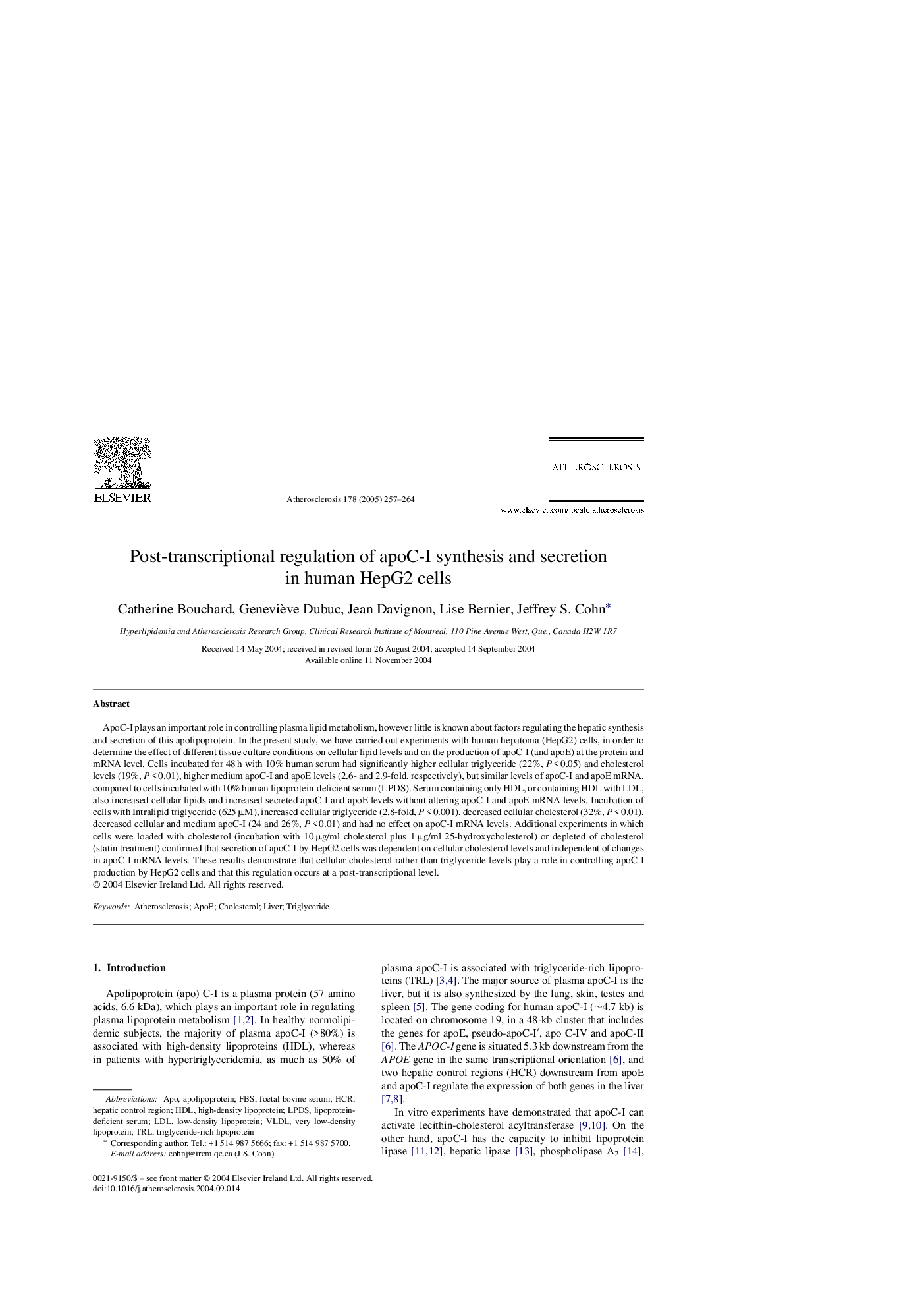 عکس صفحه اول مقاله: Post-transcriptional regulation of apoC-I synthesis and secretion in human HepG2 cells Post-transcriptional regulation of apoC-I synthesis and secretion in human HepG2 cells