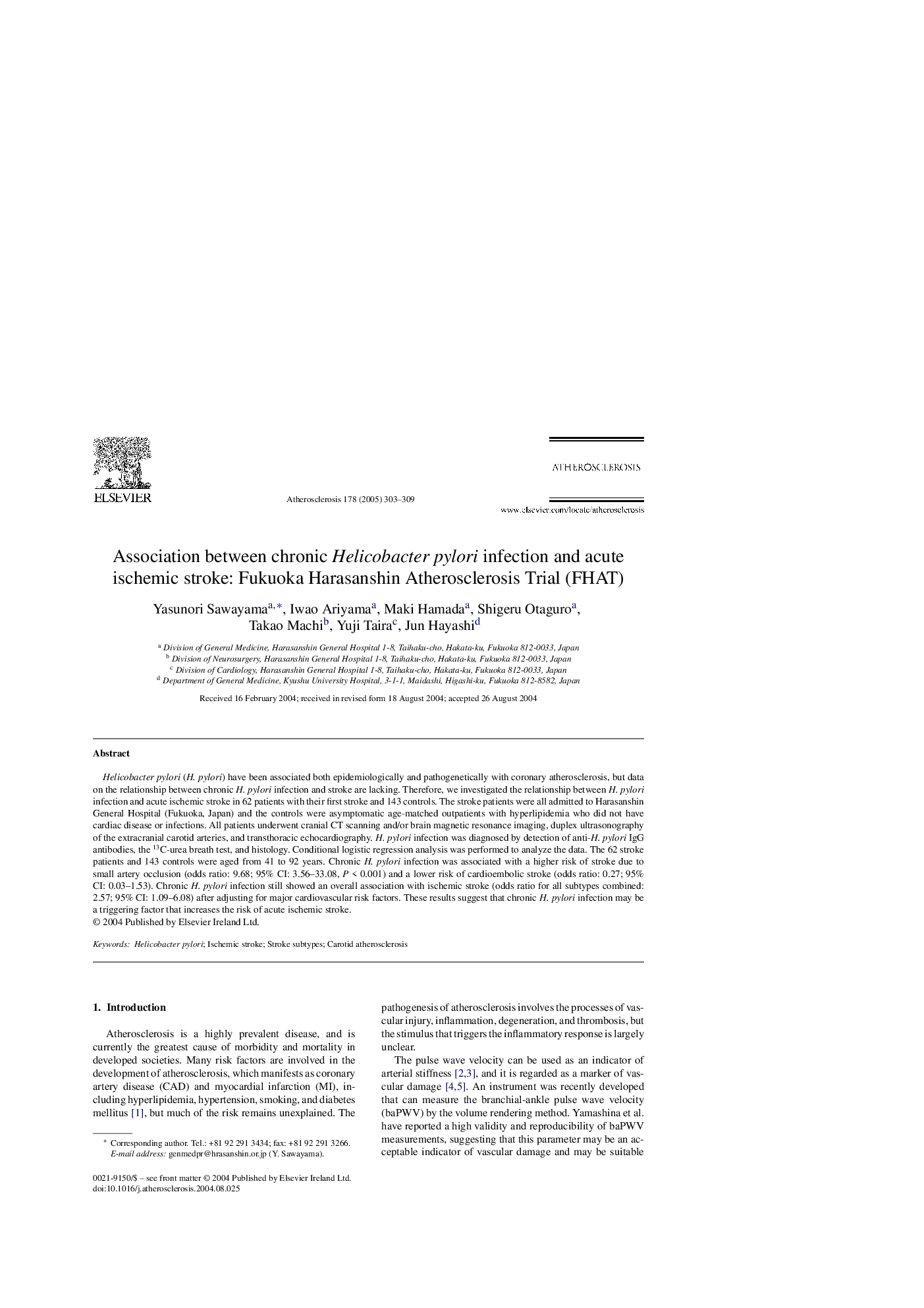 Association between chronic Helicobacter pylori infection and acute ischemic stroke: Fukuoka Harasanshin Atherosclerosis Trial (FHAT)