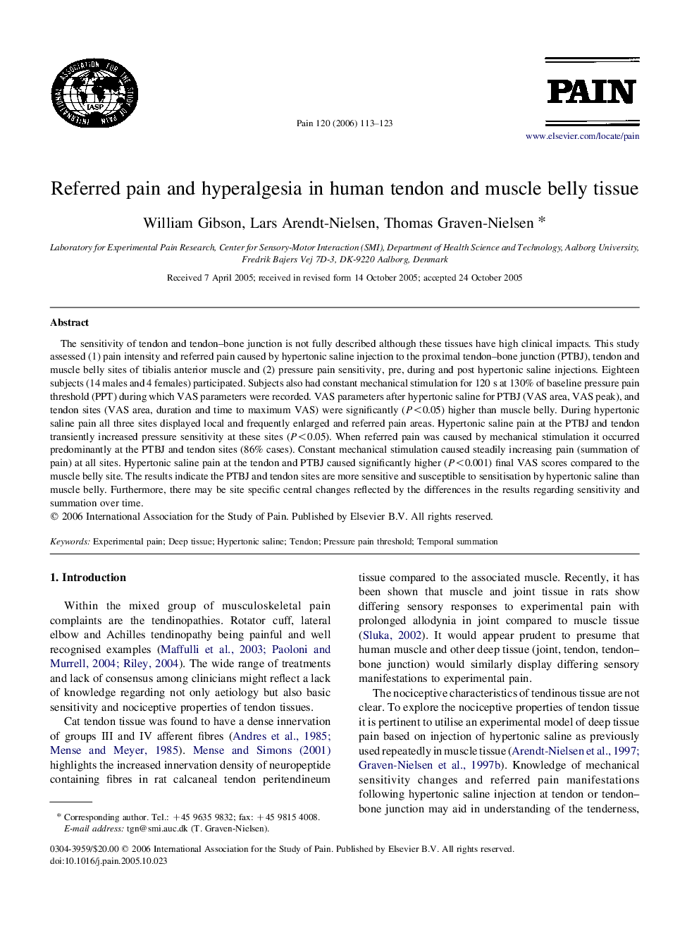 Referred pain and hyperalgesia in human tendon and muscle belly tissue