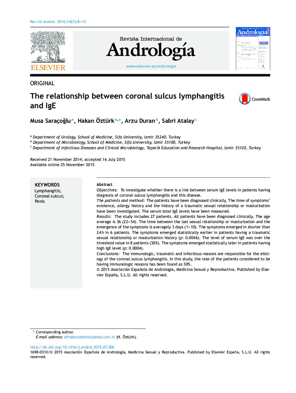 The relationship between coronal sulcus lymphangitis and IgE