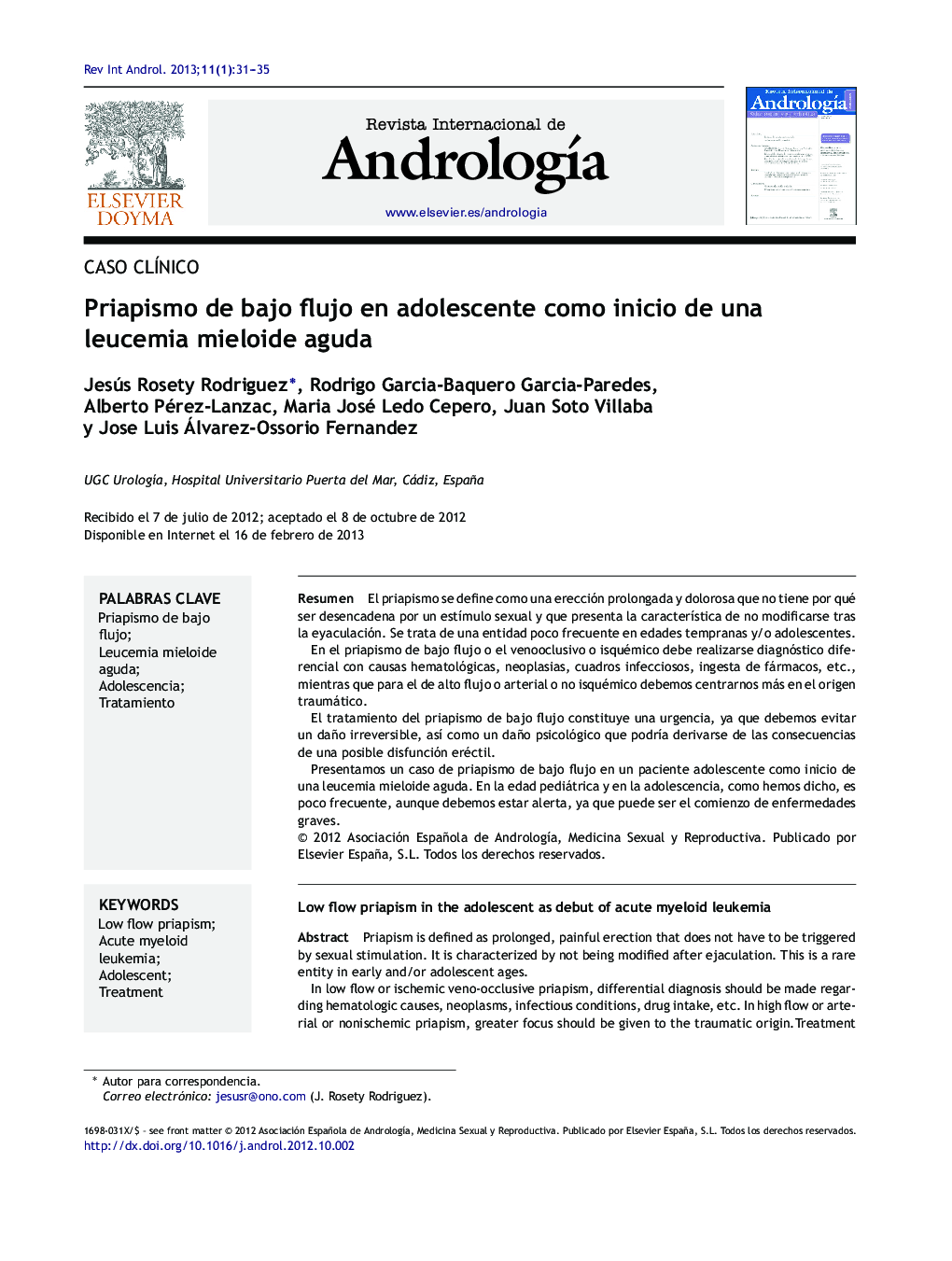 Priapismo de bajo flujo en adolescente como inicio de una leucemia mieloide aguda