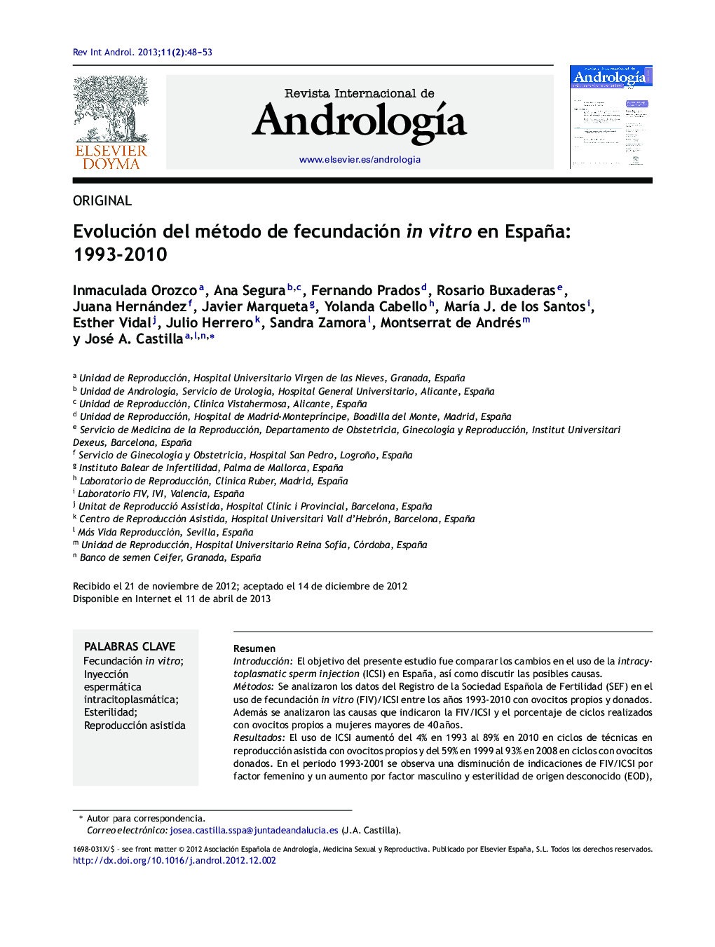 Evolución del método de fecundación in vitro en España: 1993-2010