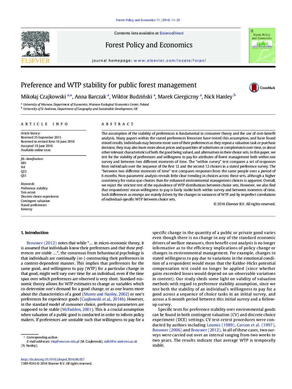 Preference and WTP stability for public forest management