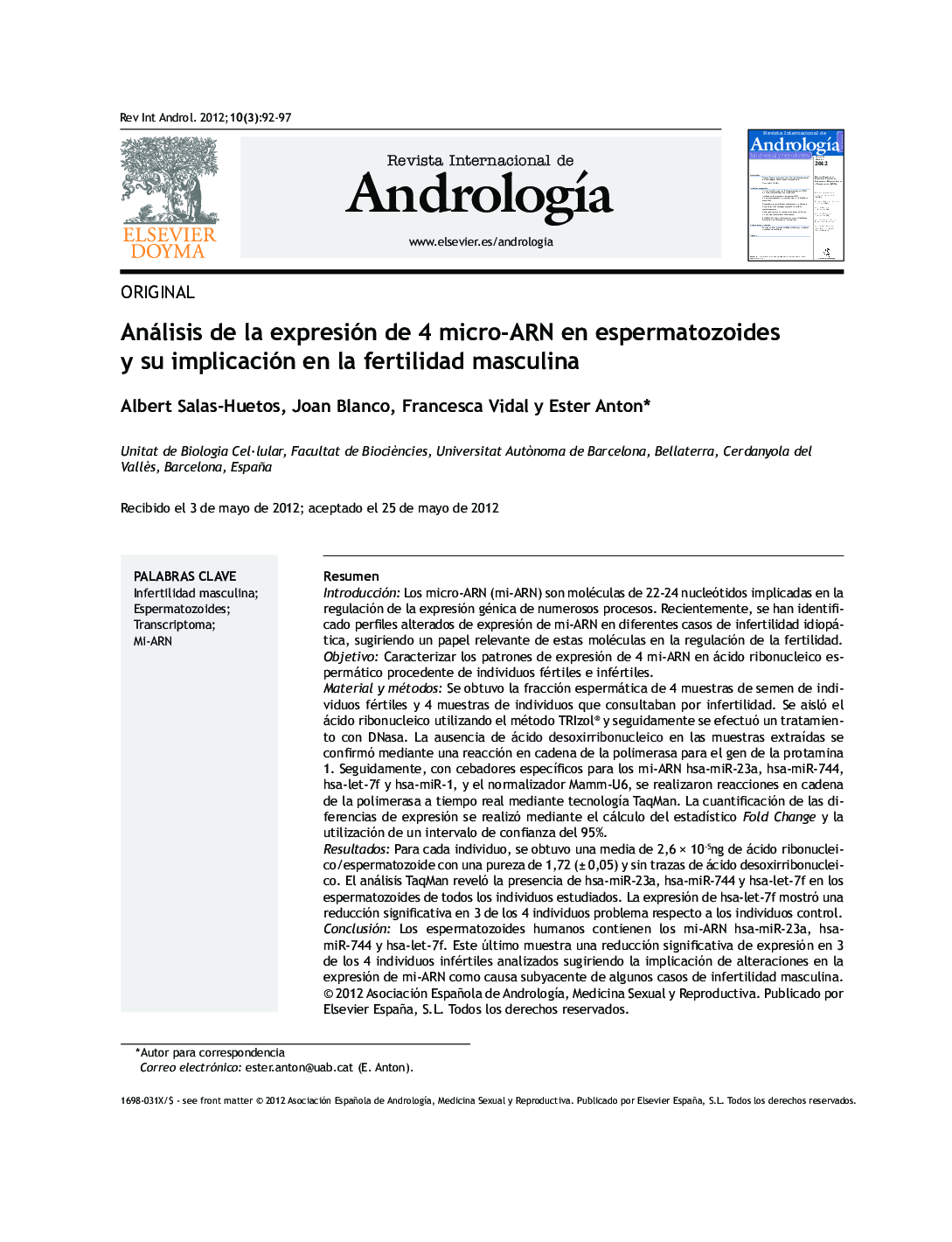 Análisis de la expresión de 4 micro-ARN en espermatozoides y su implicación en la fertilidad masculina