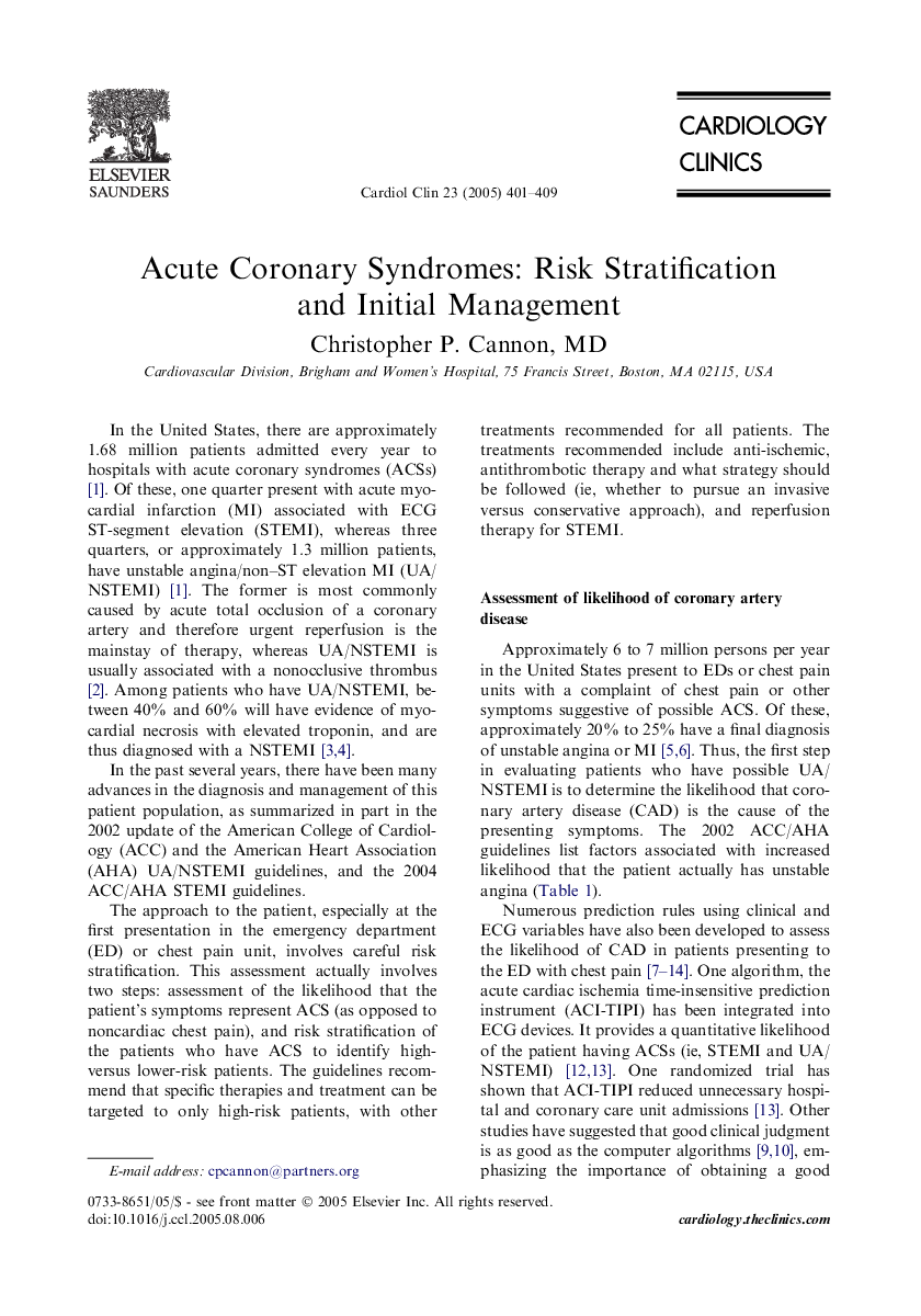 Acute Coronary Syndromes: Risk Stratification and Initial Management