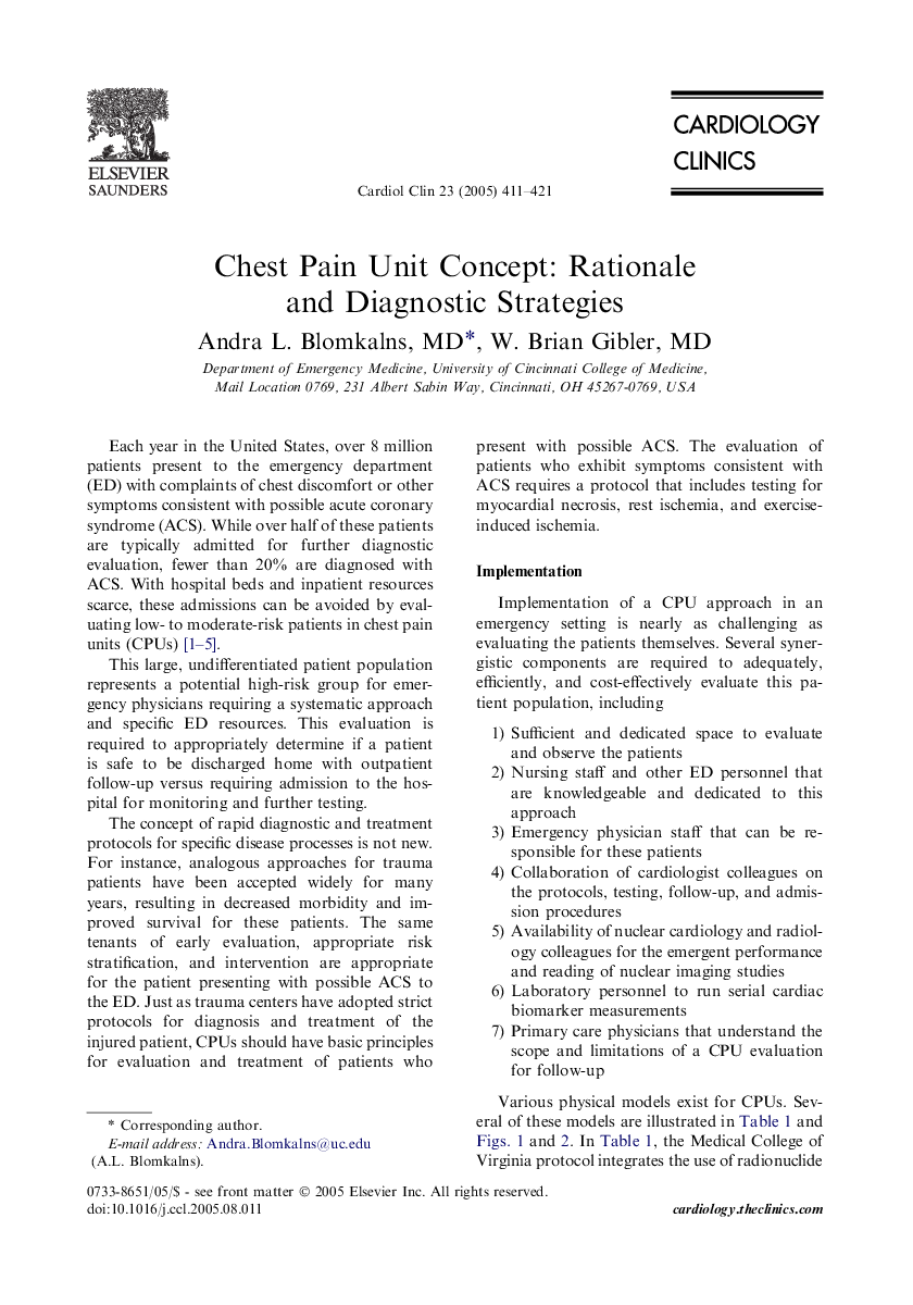 Chest Pain Unit Concept: Rationale and Diagnostic Strategies