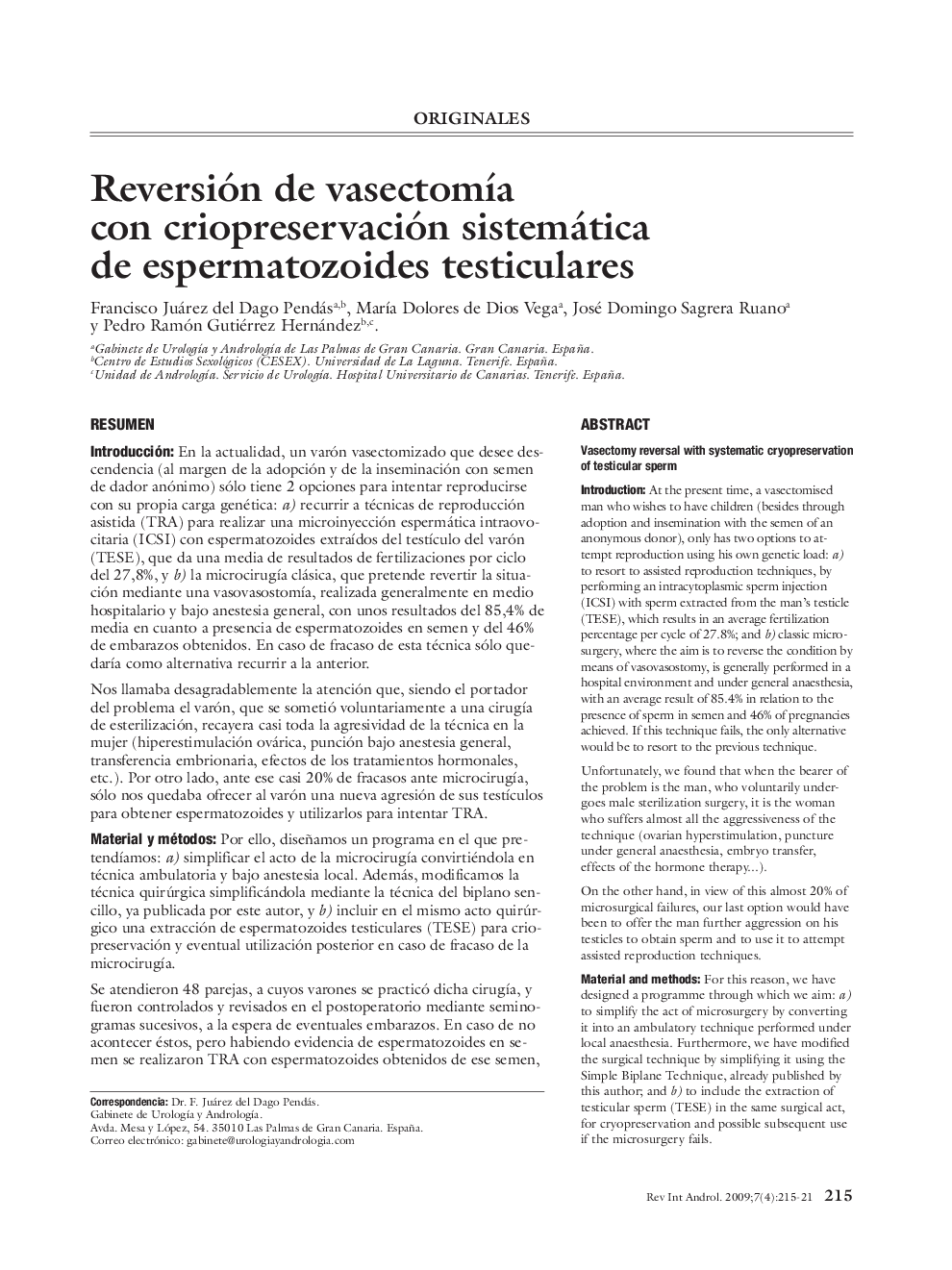 Reversión de vasectomÃ­a con criopreservación sistemática de espermatozoides testiculares