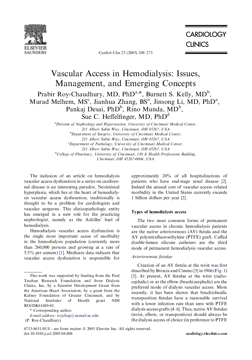 Vascular Access in Hemodialysis: Issues, Management, and Emerging Concepts