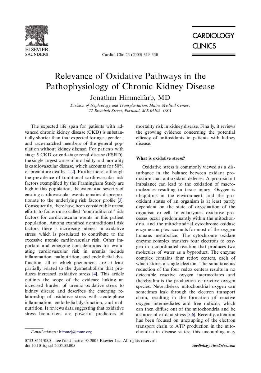 Relevance of Oxidative Pathways in the Pathophysiology of Chronic Kidney Disease