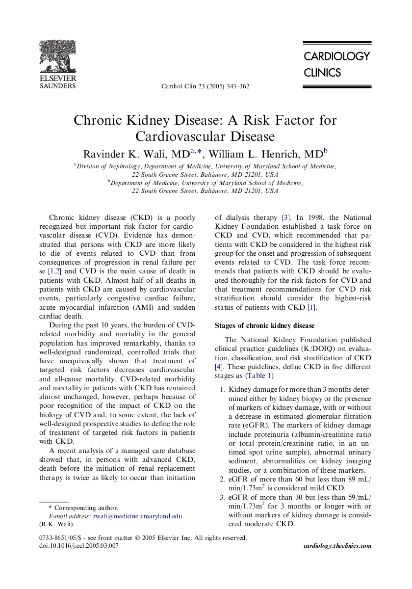 Chronic Kidney Disease: A Risk Factor for Cardiovascular Disease