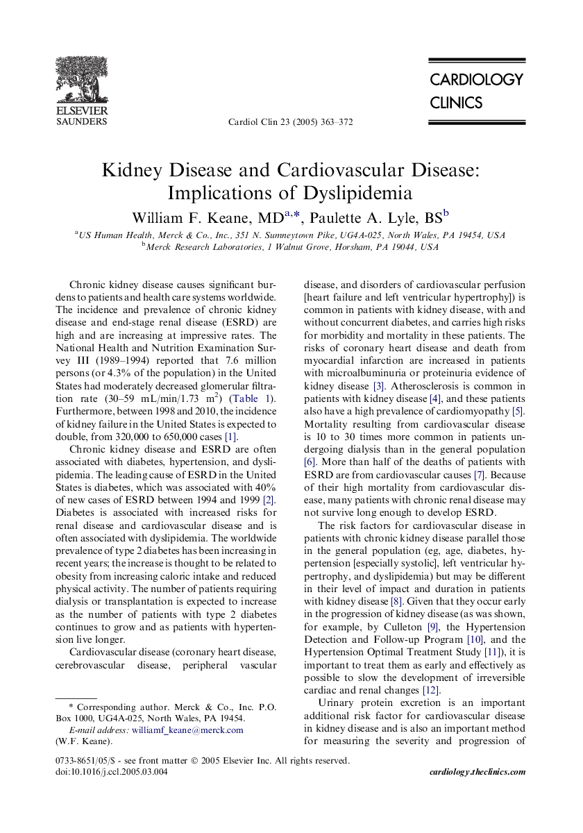 Kidney Disease and Cardiovascular Disease: Implications of Dyslipidemia