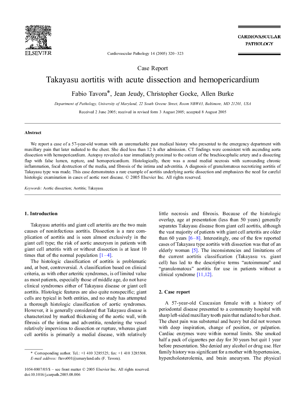 Takayasu aortitis with acute dissection and hemopericardium