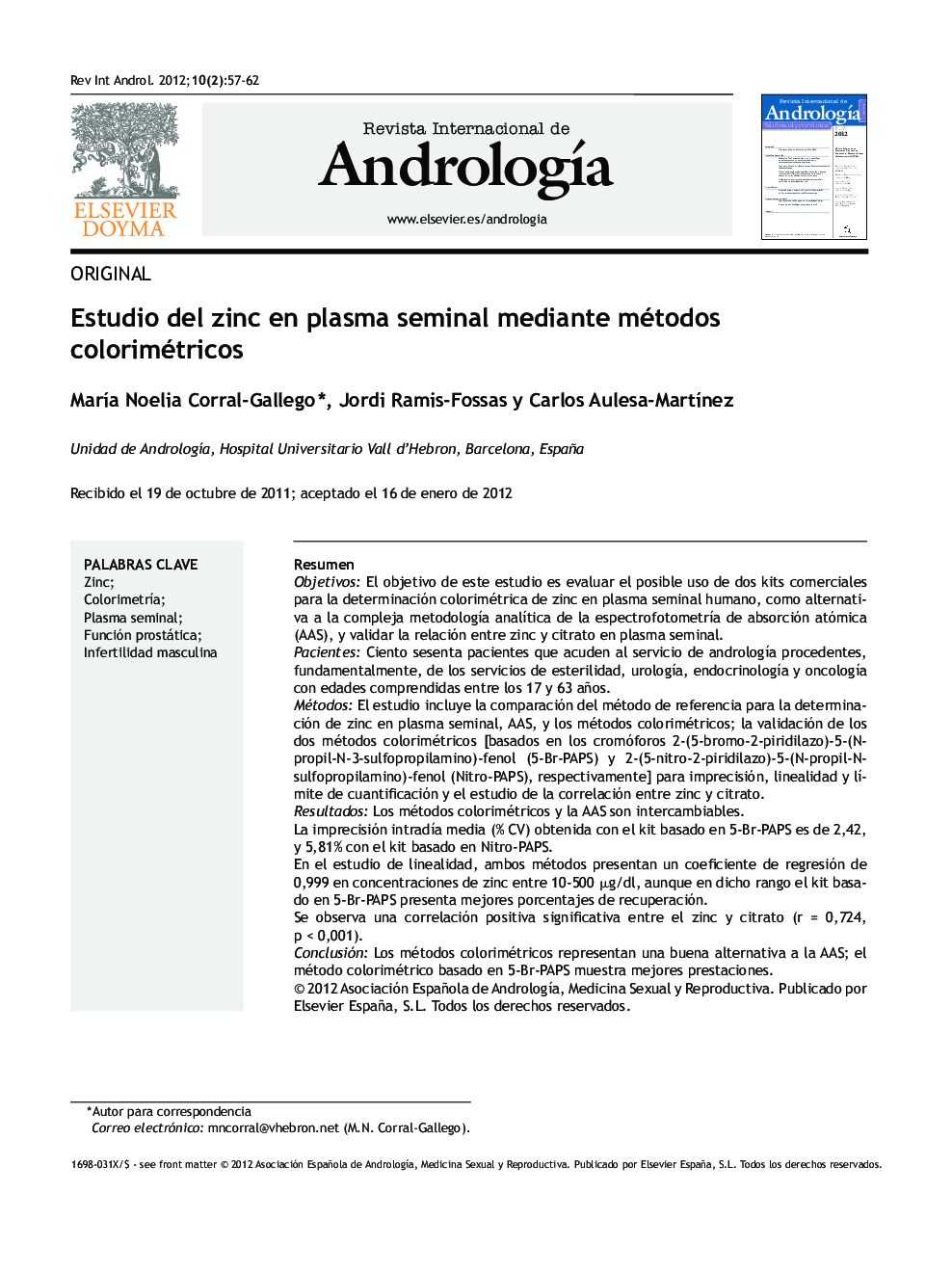 عکس صفحه اول مقاله: Estudio del zinc en plasma seminal mediante métodos colorimétricos Estudio del zinc en plasma seminal mediante métodos colorimétricos