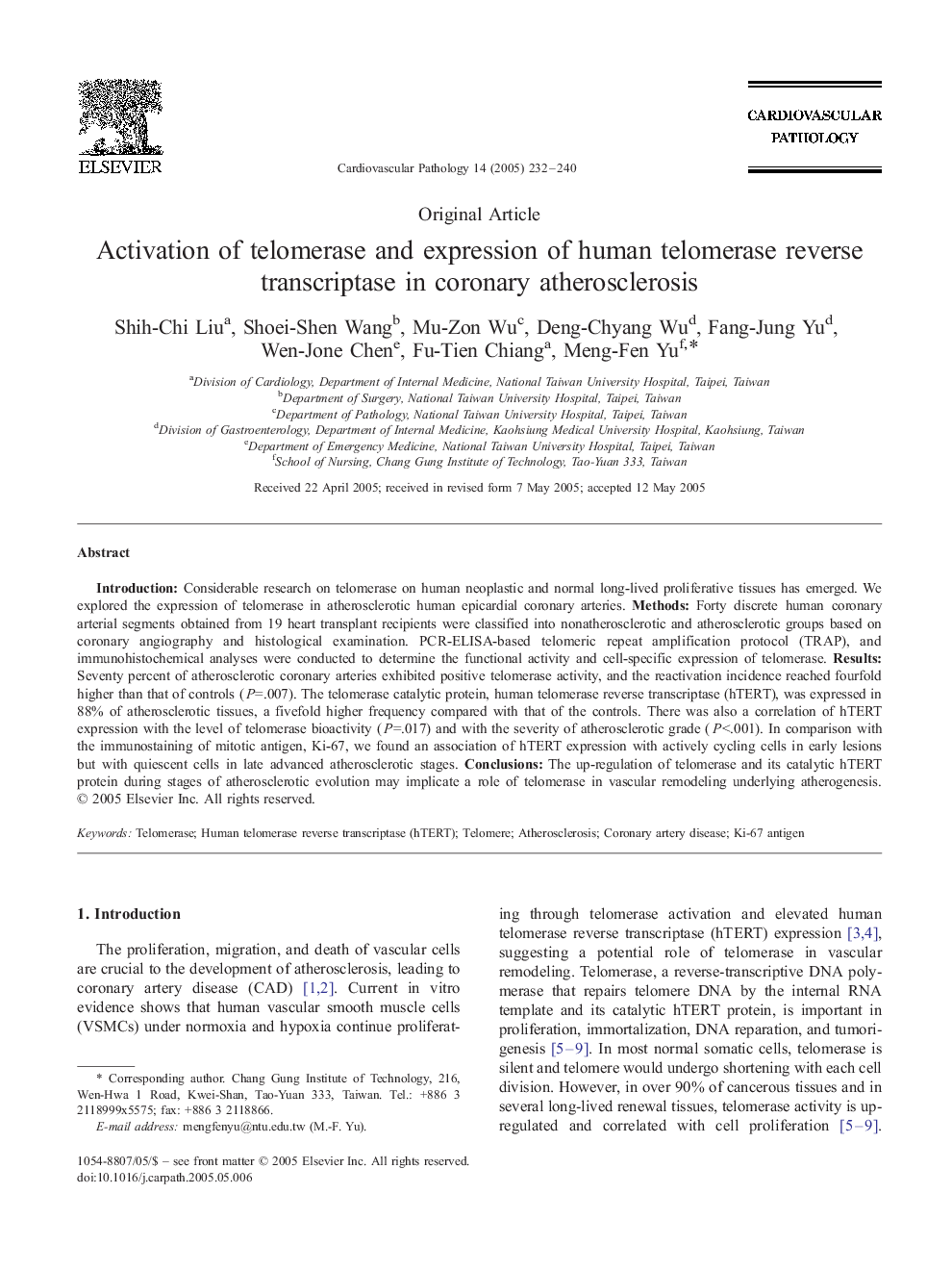 Activation of telomerase and expression of human telomerase reverse transcriptase in coronary atherosclerosis
