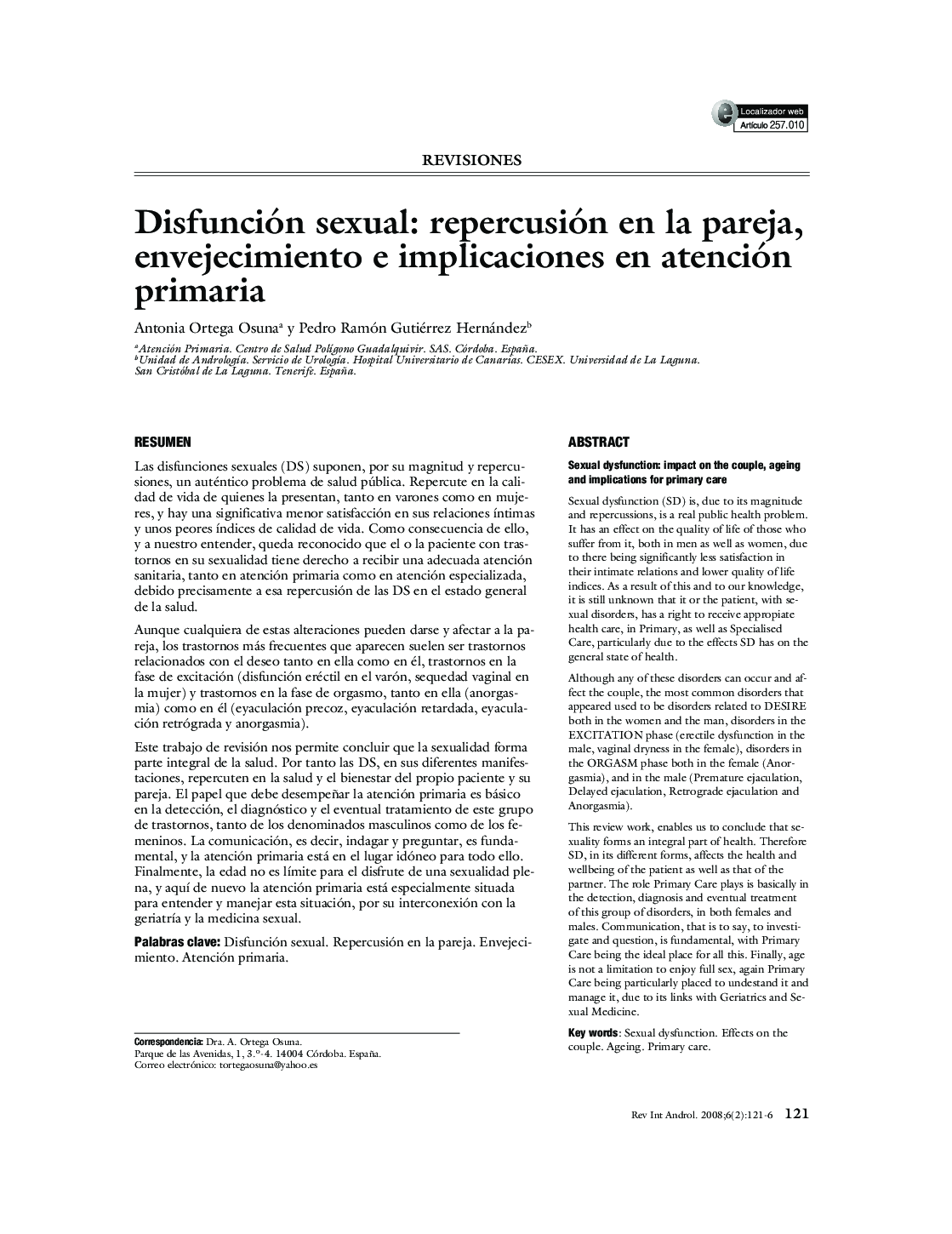 Disfunción sexual: repercusión en la pareja, envejecimiento e implicaciones en atención primaria