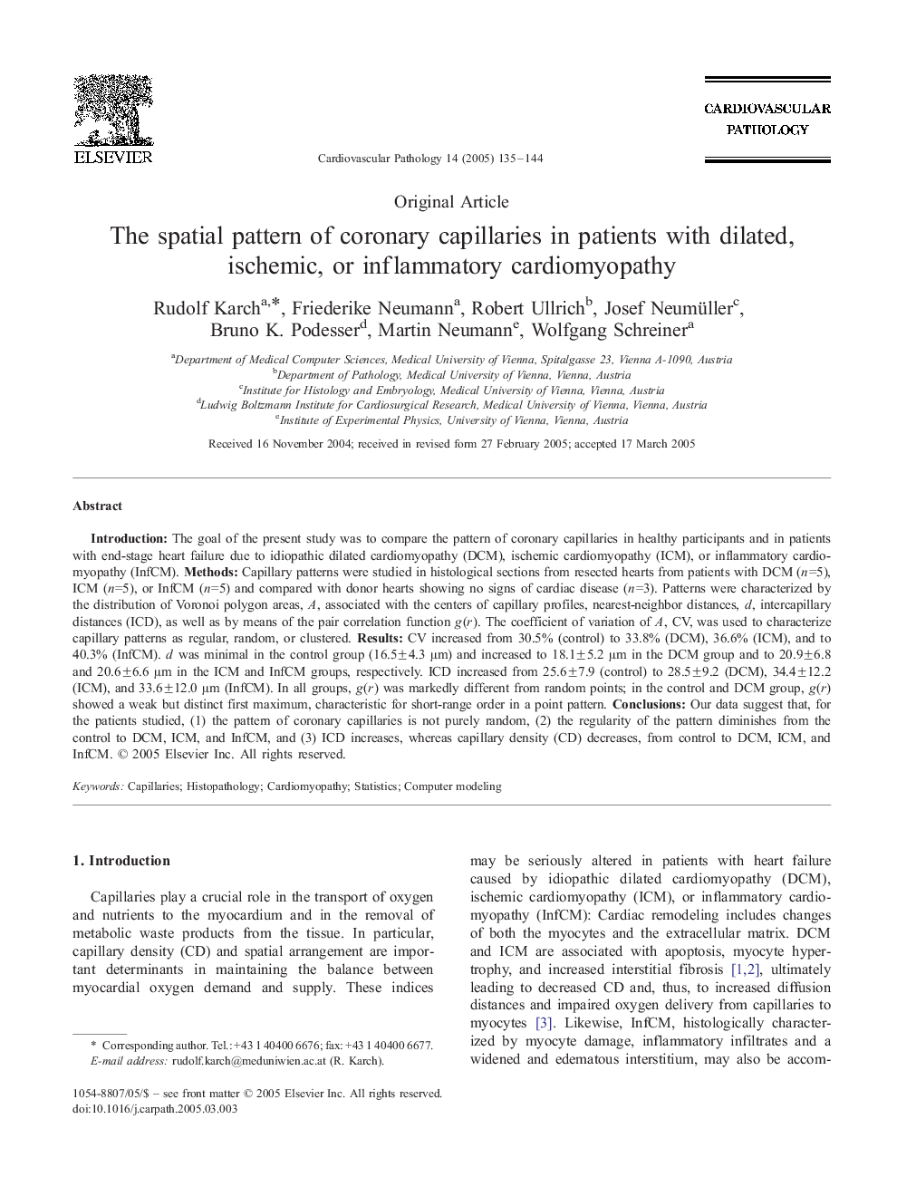 عکس صفحه اول مقاله: The spatial pattern of coronary capillaries in patients with dilated, ischemic, or inflammatory cardiomyopathy The spatial pattern of coronary capillaries in patients with dilated, ischemic, or inflammatory cardiomyopathy