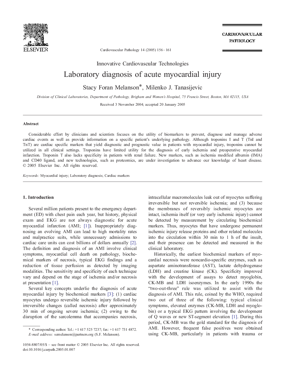 Laboratory diagnosis of acute myocardial injury