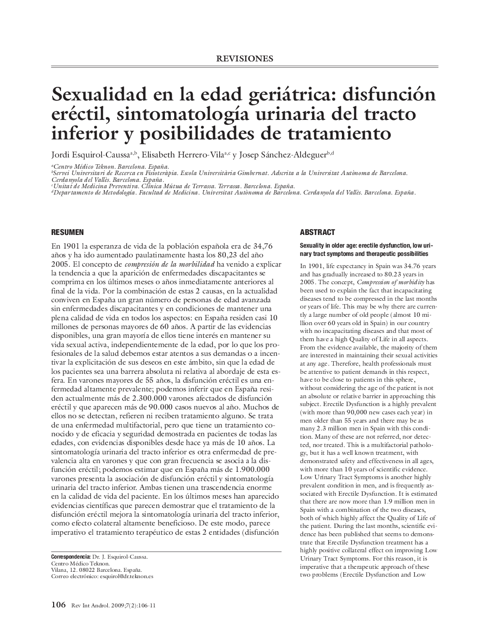 Sexualidad en la edad geriátrica: disfunción eréctil, sintomatologÃ­a urinaria del tracto inferior y posibilidades de tratamiento