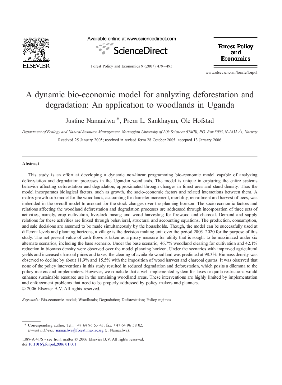 A dynamic bio-economic model for analyzing deforestation and degradation: An application to woodlands in Uganda