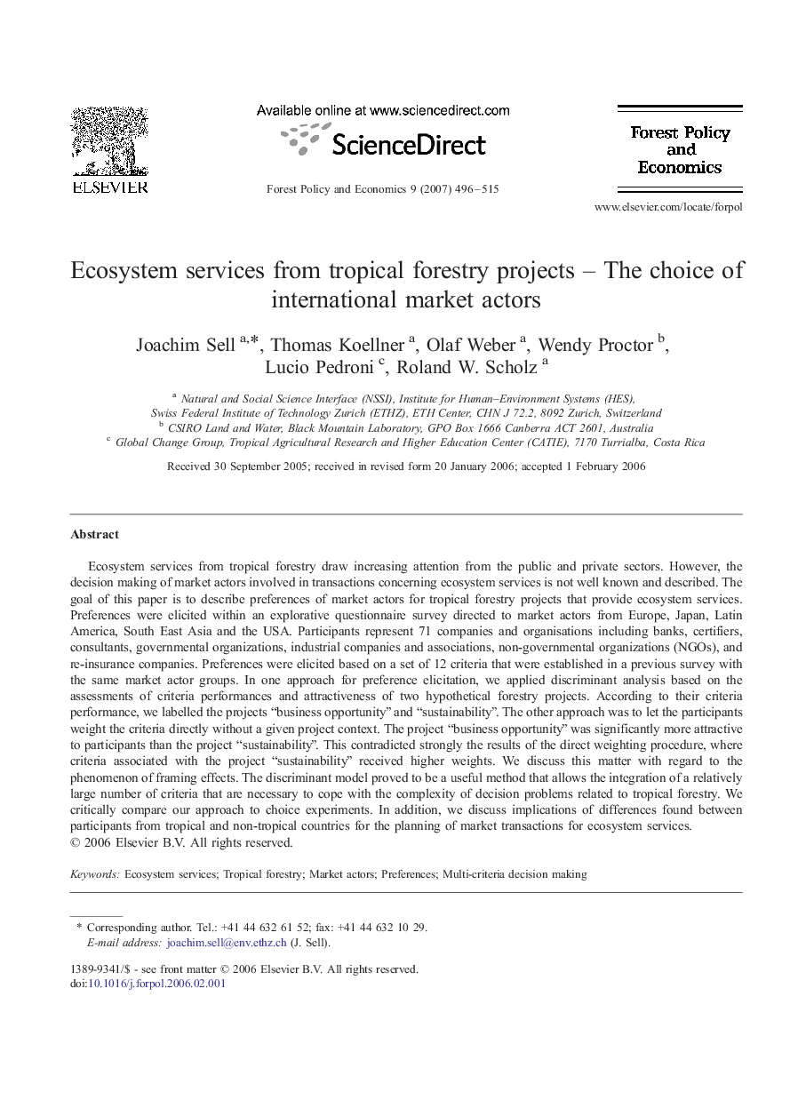 Ecosystem services from tropical forestry projects – The choice of international market actors