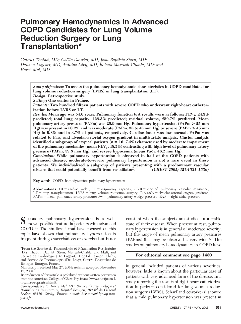 Pulmonary Hemodynamics in Advanced COPD Candidates for Lung Volume Reduction Surgery or Lung Transplantation