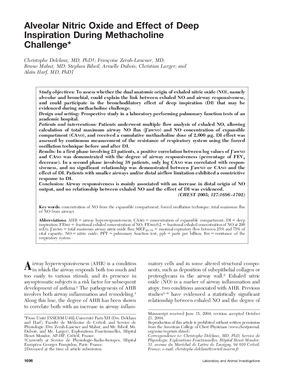 Alveolar Nitric Oxide and Effect of Deep Inspiration During Methacholine Challenge