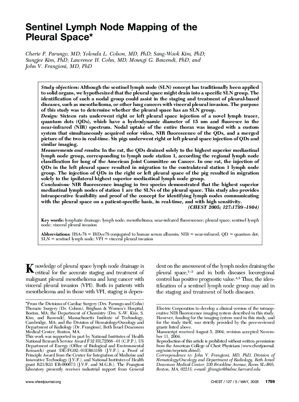 Sentinel Lymph Node Mapping of the Pleural Space