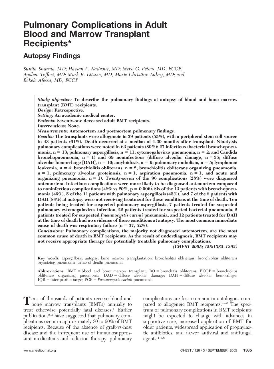 Pulmonary Complications in Adult Blood and Marrow Transplant Recipients