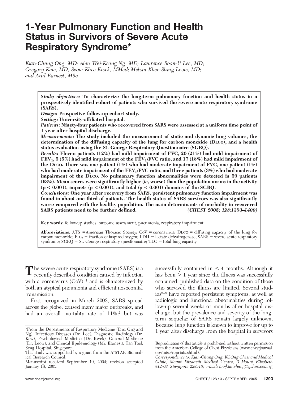 1-Year Pulmonary Function and Health Status in Survivors of Severe Acute Respiratory Syndrome