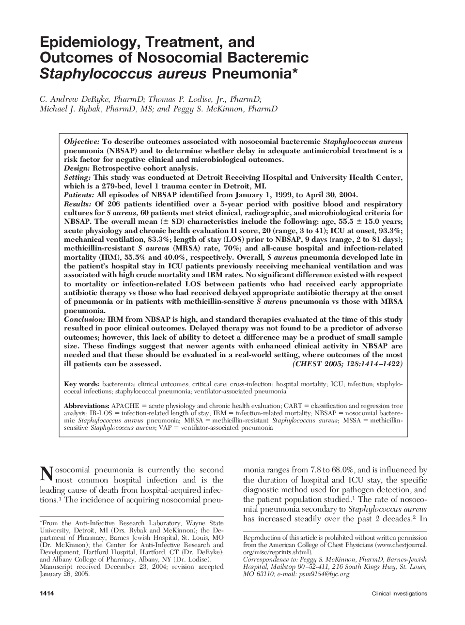 Epidemiology, Treatment, and Outcomes of Nosocomial Bacteremic Staphylococcus aureus Pneumonia