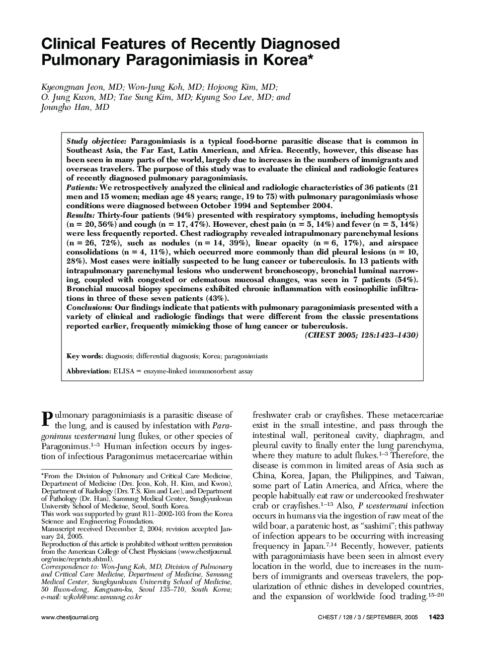 Clinical Features of Recently Diagnosed Pulmonary Paragonimiasis in Korea