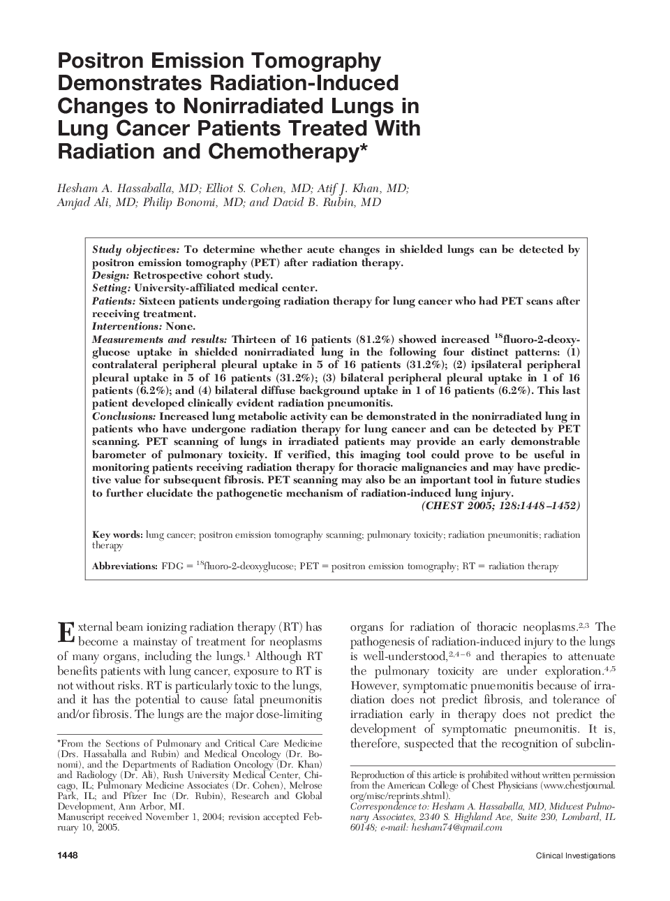 Positron Emission Tomography Demonstrates Radiation-Induced Changes to Nonirradiated Lungs in Lung Cancer Patients Treated With Radiation and Chemotherapy