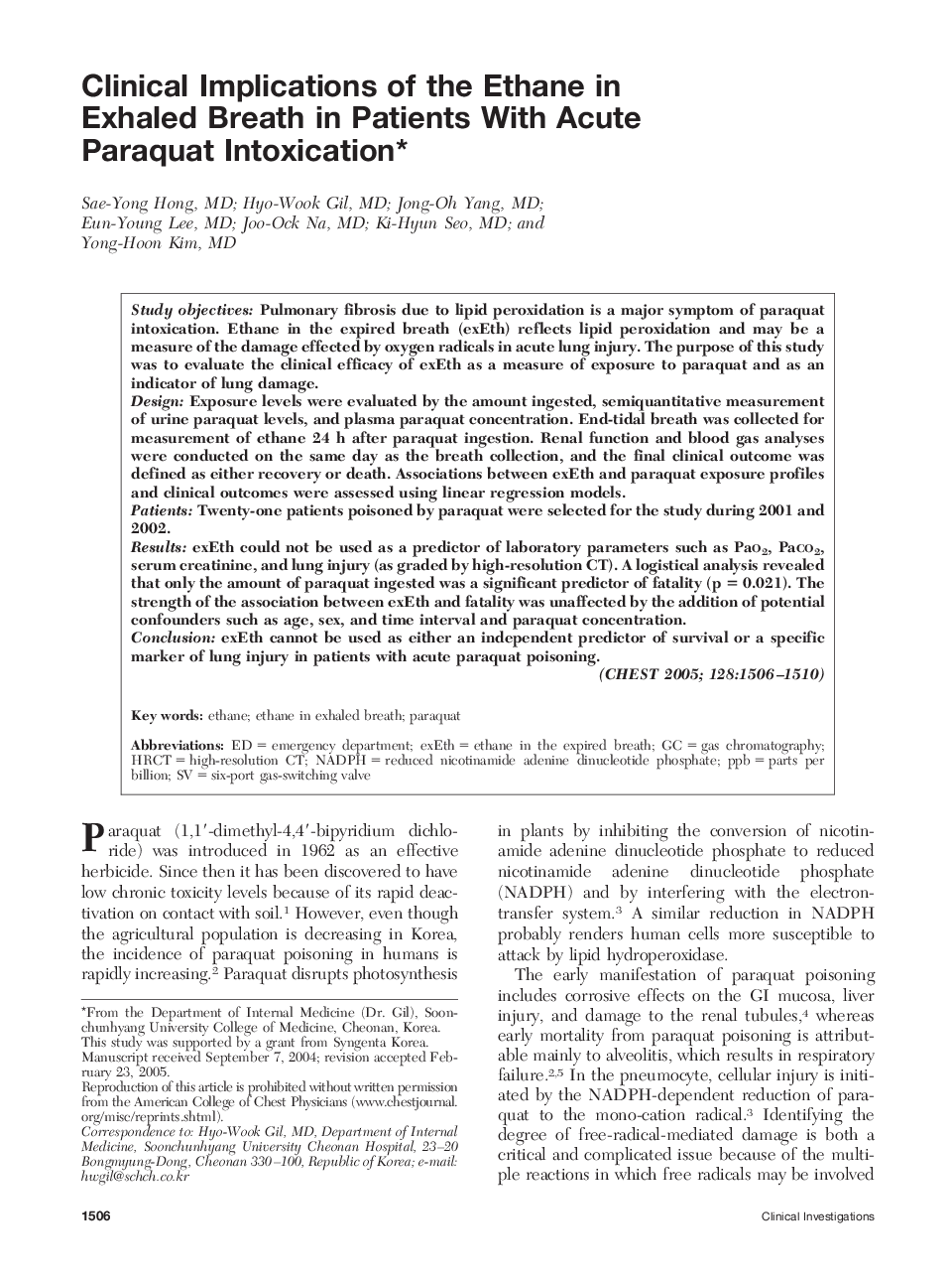 Clinical Implications of the Ethane in Exhaled Breath in Patients With Acute Paraquat Intoxication