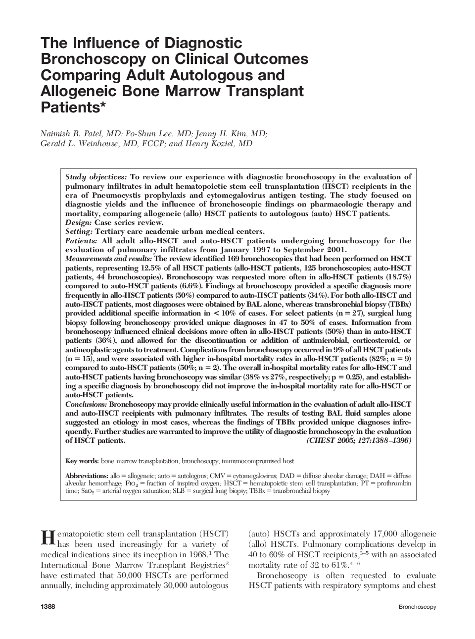 The Influence of Diagnostic Bronchoscopy on Clinical Outcomes Comparing Adult Autologous and Allogeneic Bone Marrow Transplant Patients